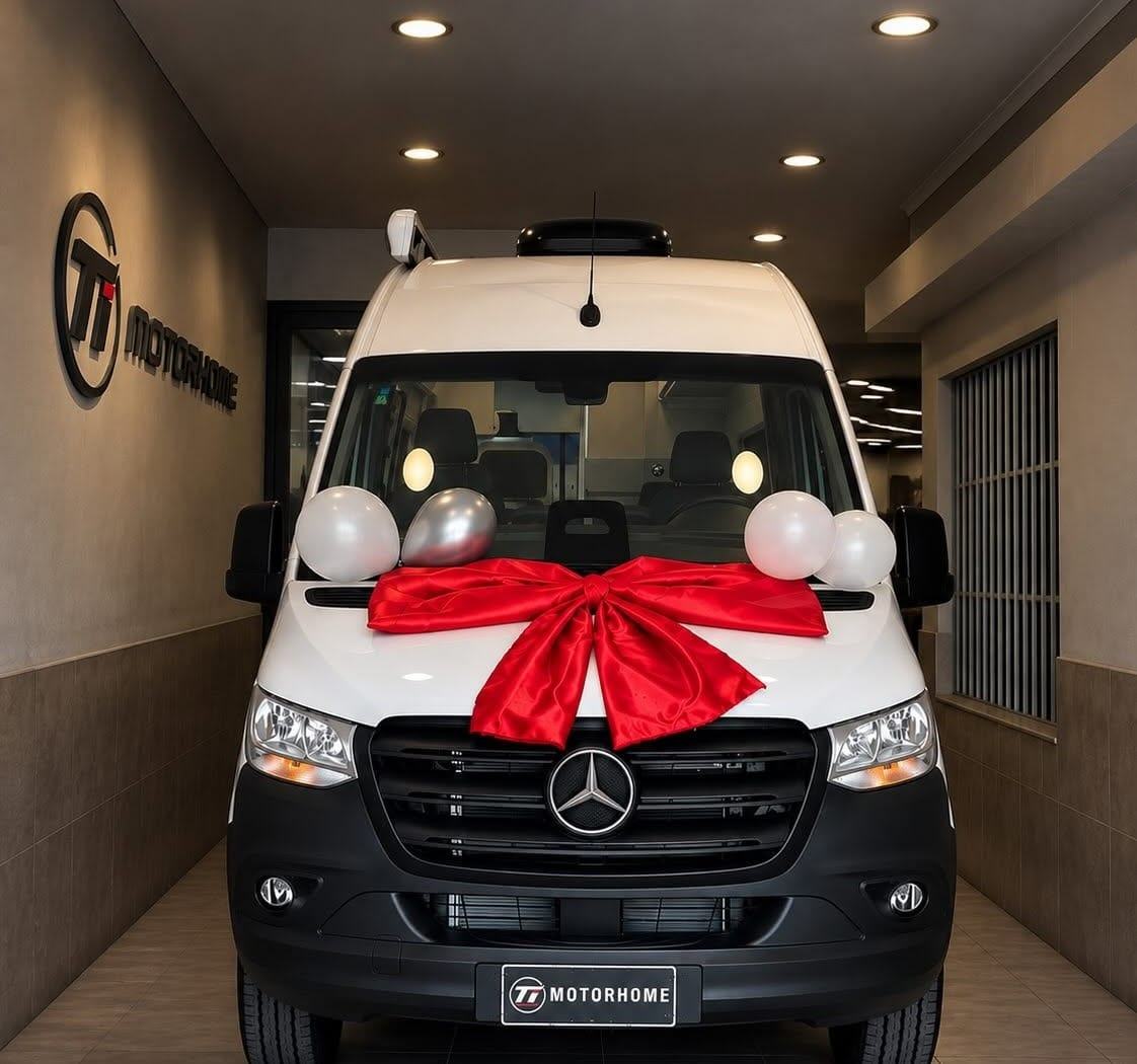 Mercedes-Benz Sprinter terminada por Taller Italia, de frente y con moño rojo y globos el día de la entrega